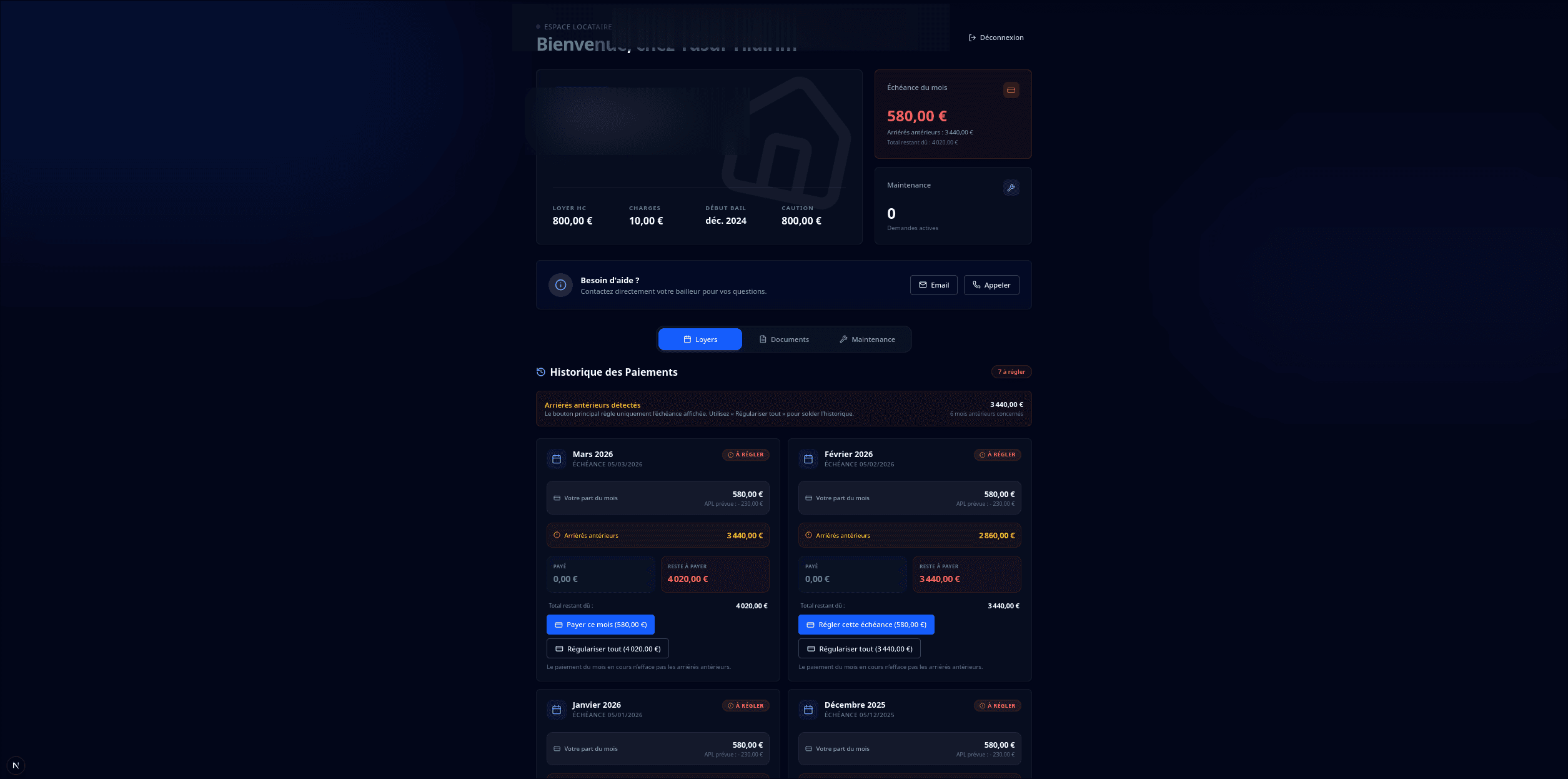 Capture du portail locataire pour l'avis d'échéance