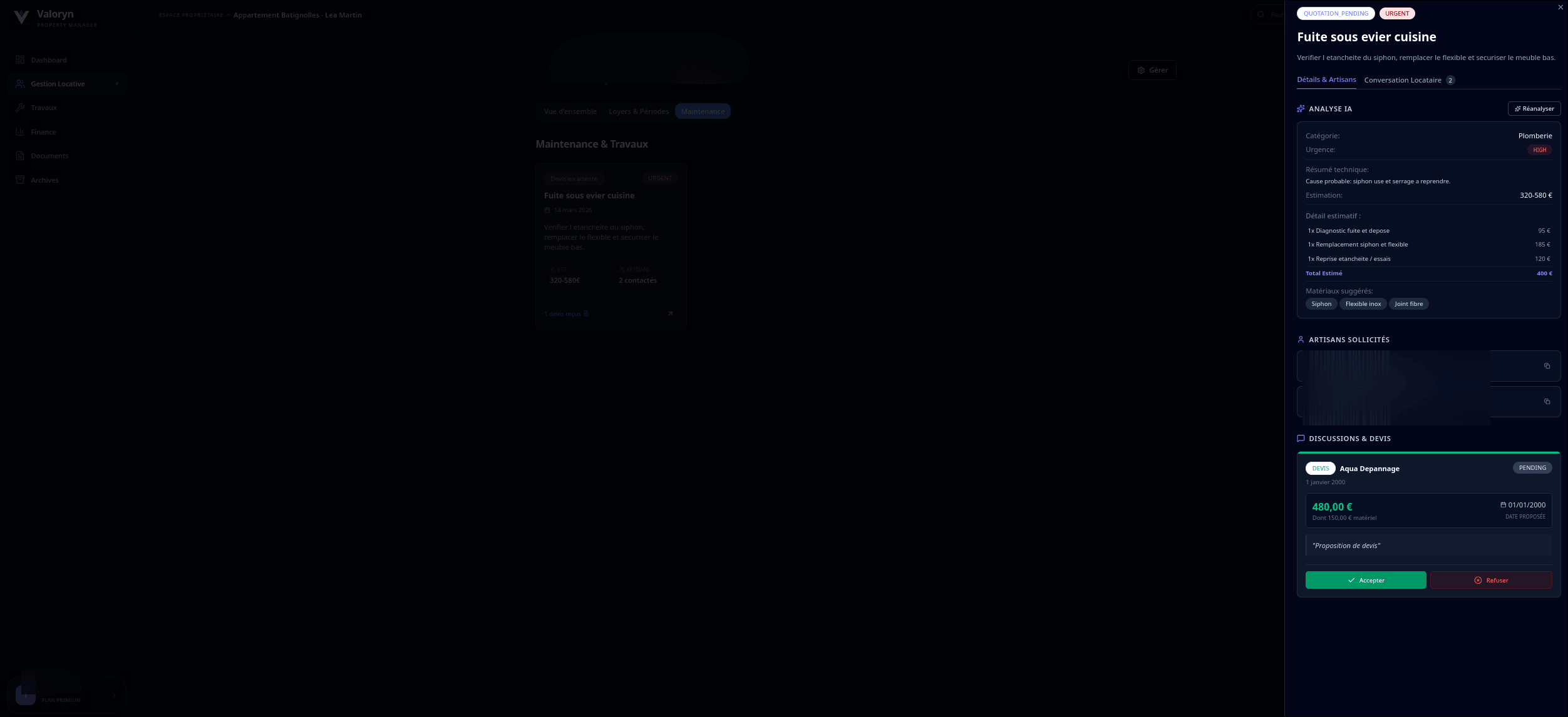 Capture du workflow maintenance et devis dans Valoryn
